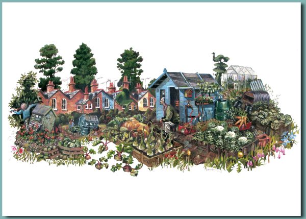 Greetings Card - A man sitting outside his allotment