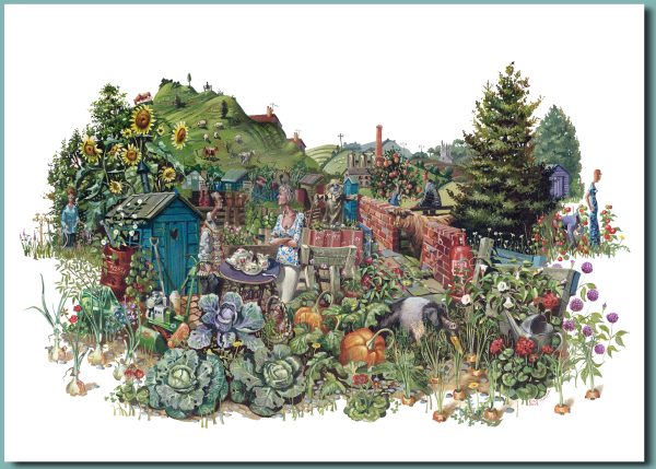 Greetings Card - A couple in their allotment having a tea break